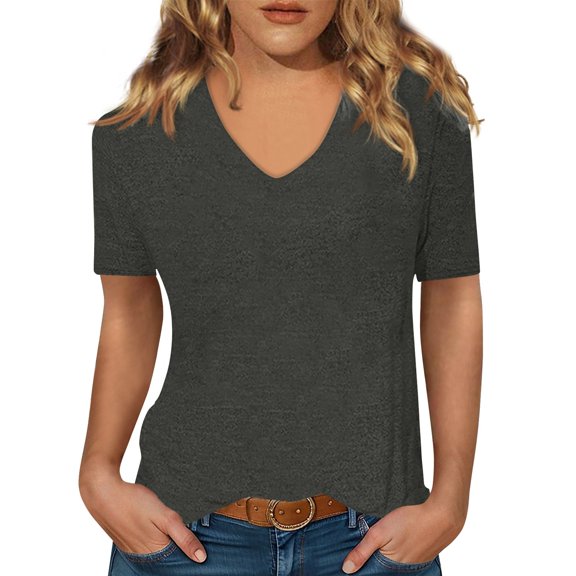 Women Summer Casual Shirts Women's Short-sleeved T-shirt V-neck Solid Color Top