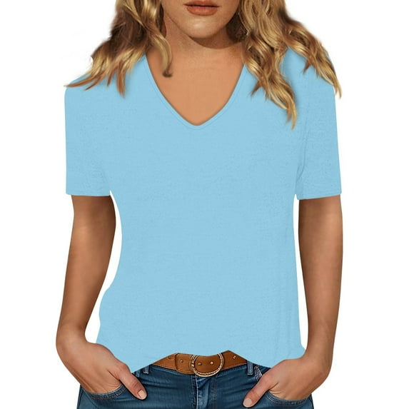 Women Summer Casual Shirts Women's Short-sleeved T-shirt V-neck Solid Color Top