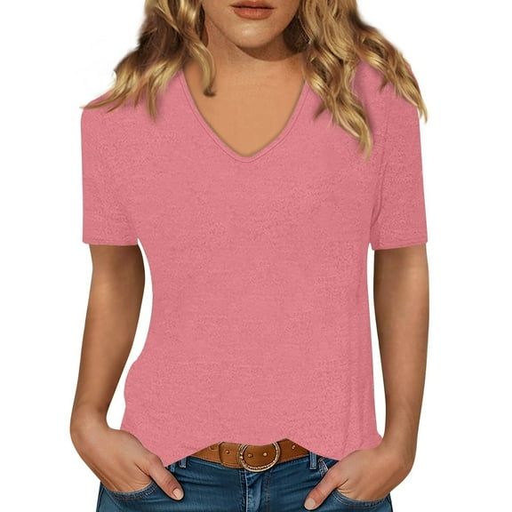 Women Summer Casual Shirts Women's Short-sleeved T-shirt V-neck Solid Color Top