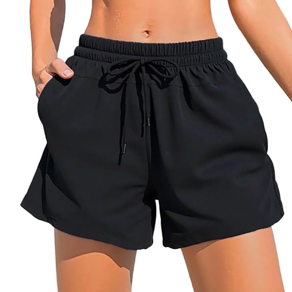 Women Summer Casual Short Pants Vacation Beach Wide Leg Elastic High Waist Swim Shorts Holiday Comfy Solid Color Swimsuit Bottoms