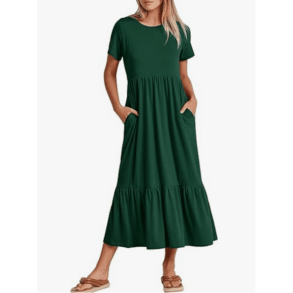 Women Summer Casual Short Sleeve Crewneck A-line Swing Flowy Tiered Shirt Maxi Beach Long Dress