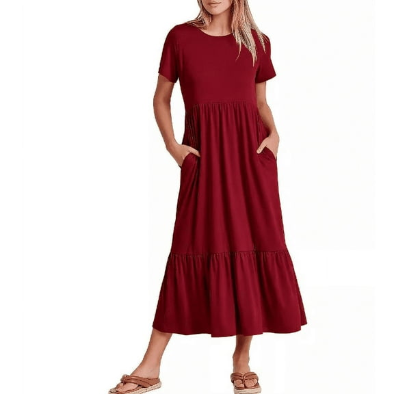 Women Summer Casual Short Sleeve Crewneck A-line Swing Flowy Tiered Shirt Maxi Beach Long Dress