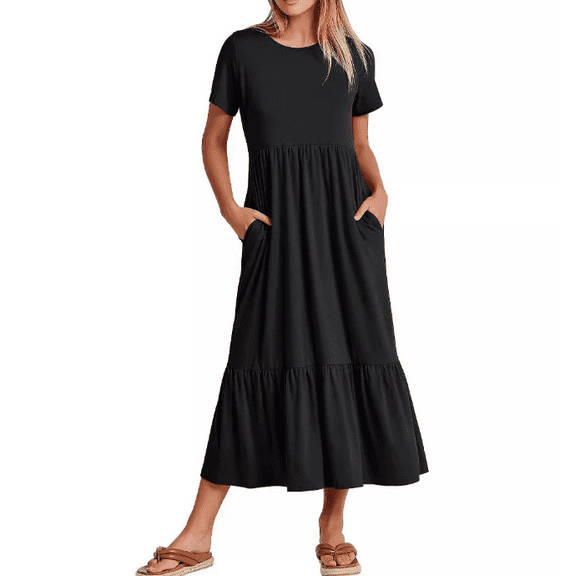 Women Summer Casual Short Sleeve Crewneck A-line Swing Flowy Tiered Shirt Maxi Beach Long Dress