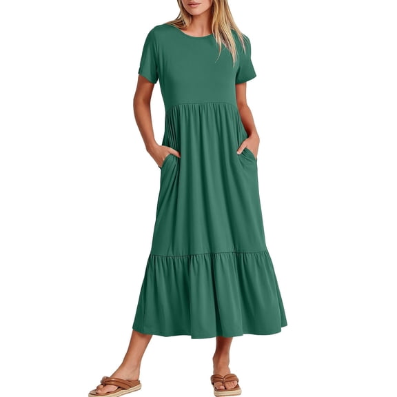 Women Summer Casual Short Sleeve Crewneck Aline Swing Flowy Tiered Shirt Beach Long Dress 2025 Trendy Outfits Black Large