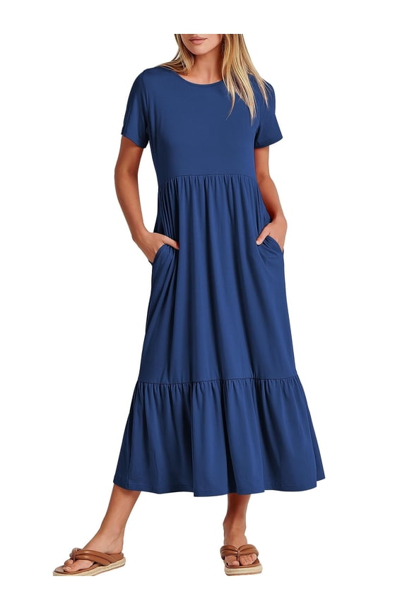 Women Summer Casual Short Sleeve Crewneck Aline Swing Flowy Tiered Shirt  Beach Long Dress 2025 Trendy Outfits Black Large