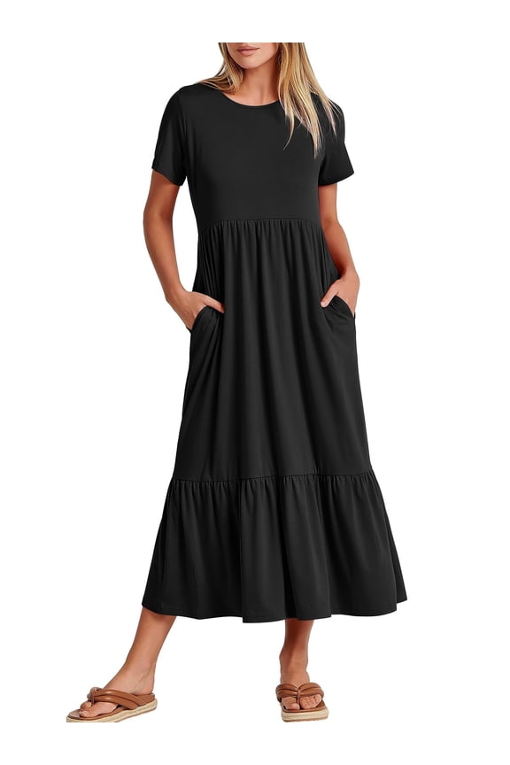 Women Summer Casual Short Sleeve Crewneck Aline Swing Flowy Tiered Shirt Beach Long Dress 2025 Trendy Outfits Black Large