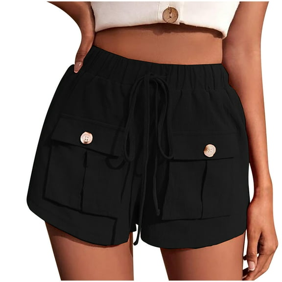 Women Summer Casual Shorts Drawstring Elastic Waist Loose Solid Short Pants Comfy Wide Leg Shorts with Flap Pockets