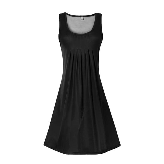 Women Summer Casual Sleeveless Crewneck Dress Slim waist Beach Vacation Dress Swing Pleated Maxi Dress