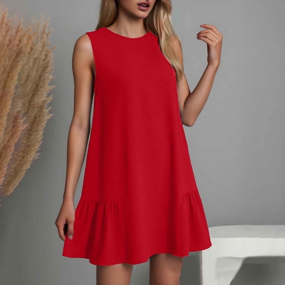 Women Summer Casual Dress Sleeveless Round Neck Plain Mini Flowy Beach Tunic Loose Fit Comfortable Daily Wear