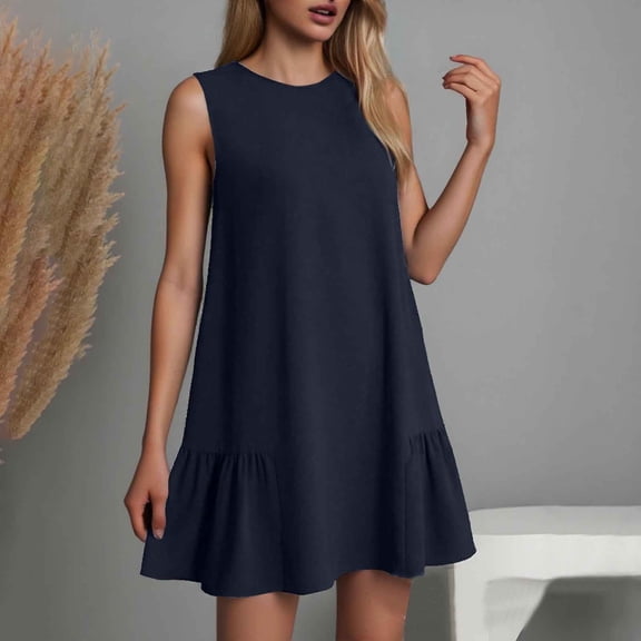 Women Summer Casual Sleeveless Dress Pure Color Round Neck Flowy Beach Tunic Dress Comfortable Daily Wear