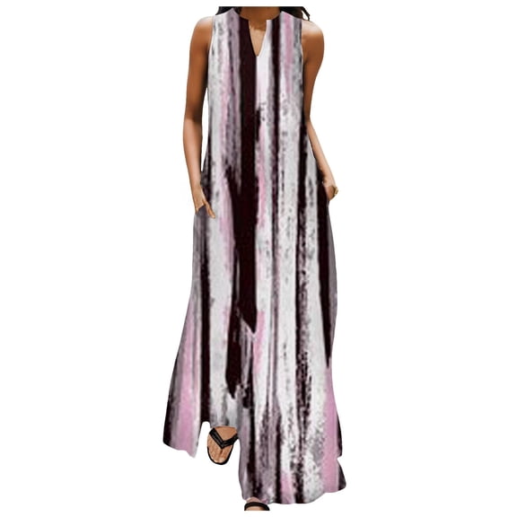 Women Summer Casual Sleeveless Print V Neck Maxi Loose Dress Boho Beach Long Sundress with Pockets Womens Dresses