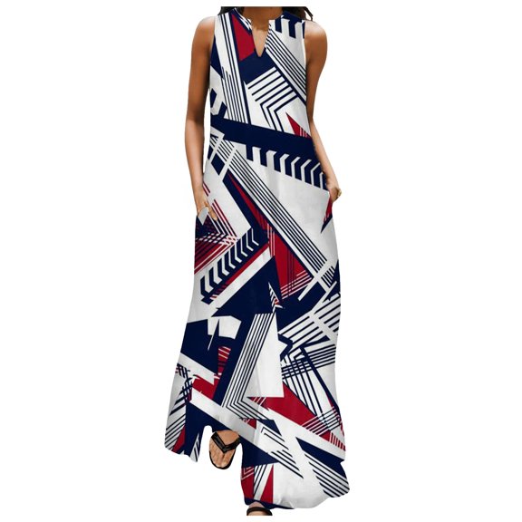 Women Summer Casual Sleeveless Print V Neck Maxi Loose Dress Boho Beach Long Sundress with Pockets Womens Dresses