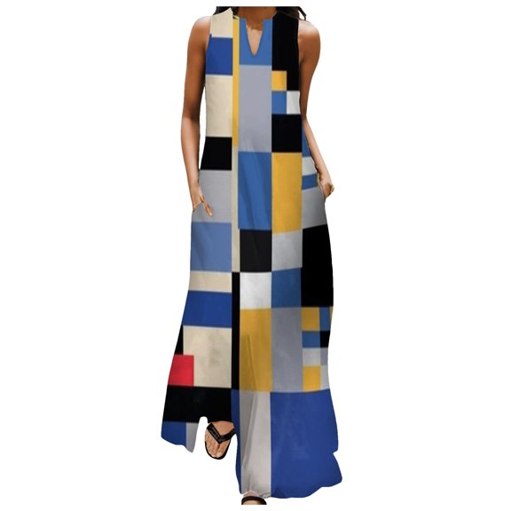 Women Summer Casual Sleeveless Print V Neck Maxi Loose Dress Boho Beach Long Sundress with Pockets Womens Dresses