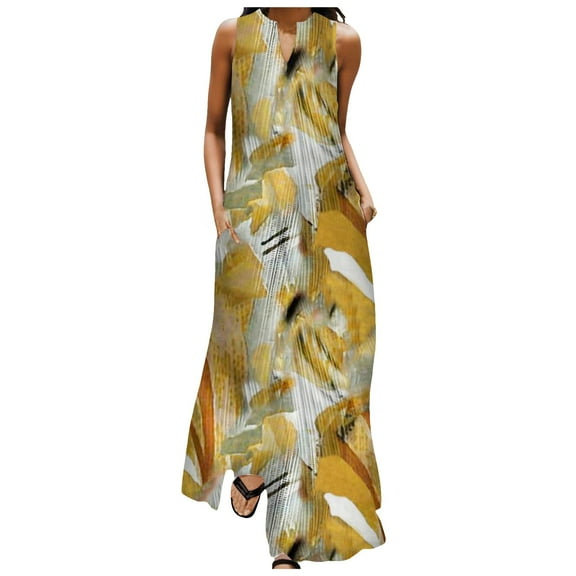 Women Summer Casual Sleeveless Print V Neck Maxi Loose Dress Boho Beach Long Sundress with Pockets Womens Dresses