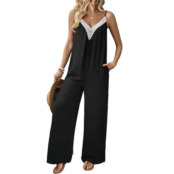 Women Summer Casual Sleeveless Spaghetti Strap Boho Wide Leg Jumpsuits Rompers Dressy 2025 Black XL