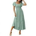 thumbnail image 1 of Women Summer Casual Square Neck Flutter Sleeve Boho Smocked A-Line Flowy Tiered Modest Midi Sun Dress with Pockets Green XXL, 1 of 7