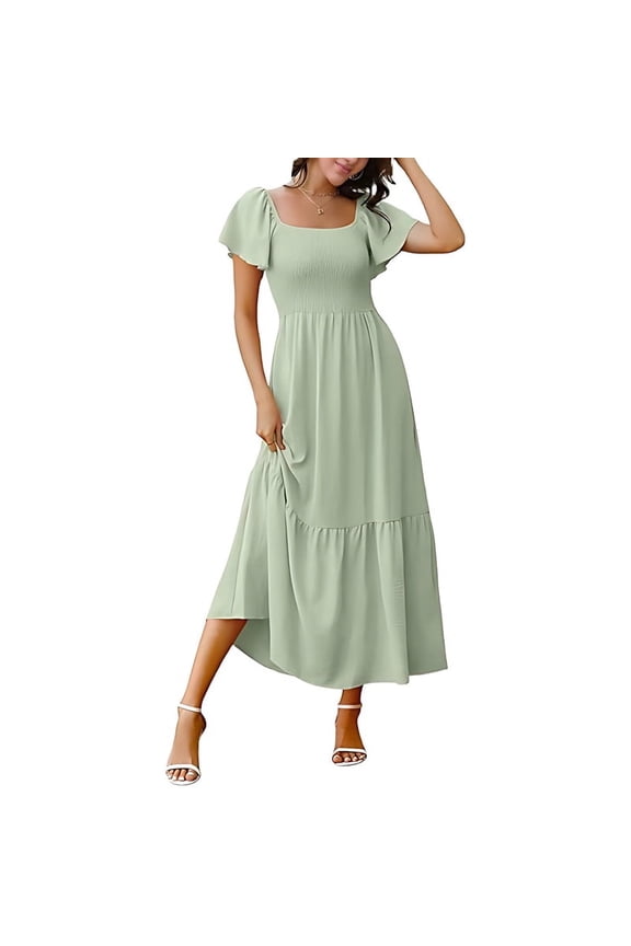 Women Summer Casual Square Neck Flutter Sleeve Boho Smocked A-Line Flowy Tiered Modest Midi Sun Dress with Pockets Light Green L