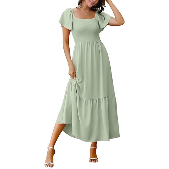 Women Summer Casual Square Neck Flutter Sleeve Boho Smocked A-Line Flowy Tiered Modest Midi Sun Dress with Pockets Light Green L
