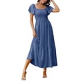thumbnail image 1 of Women Summer Casual Square Neck Flutter Sleeve Boho Smocked A-Line Flowy Tiered Modest Midi Sun Dress with Pockets Navy Blue XL, 1 of 7