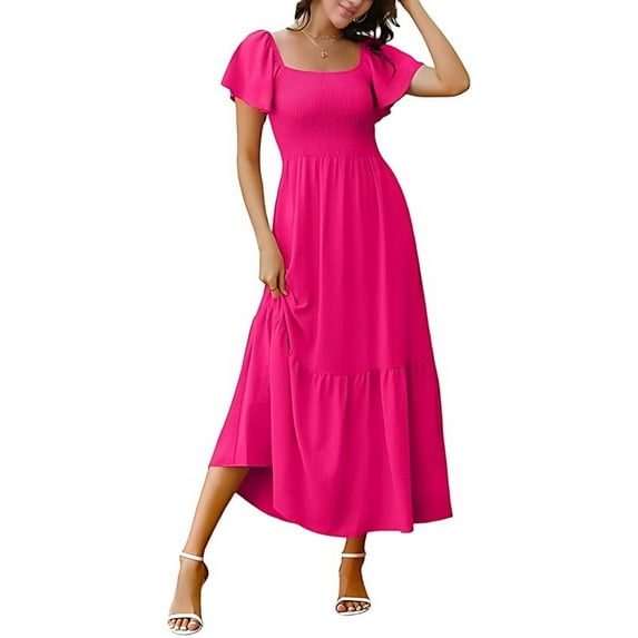 Women Summer Casual Square Neck Flutter Sleeve Boho Smocked A-Line Flowy Tiered Modest Midi Sun Dress with Pockets Rose Red S