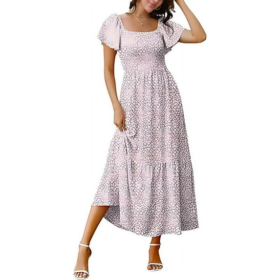 Women Summer Casual Square Neck Flutter Sleeve Boho Smocked A-Line Flowy Tiered Modest Midi Sun Dress with Pockets Style 2 M
