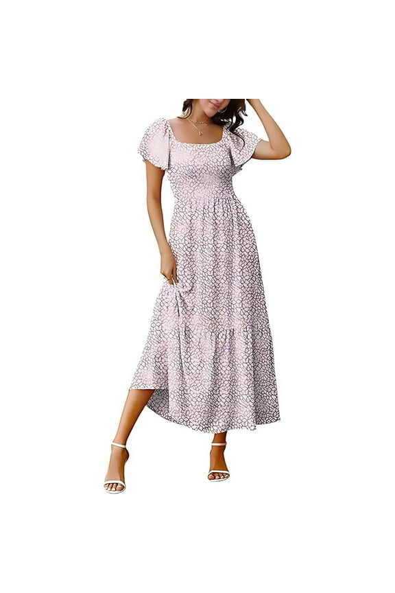 Women Summer Casual Square Neck Flutter Sleeve Boho Smocked A-Line Flowy Tiered Modest Midi Sun Dress with Pockets Style 2 XXXL
