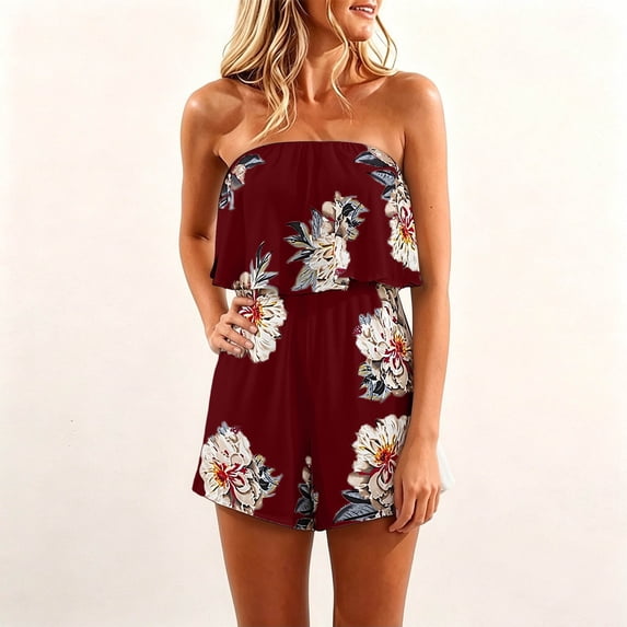 Women Summer Casual Strapless Romper Sleeveless Off Shoulder Short Jumpsuits 2026 Casual Beach Short Tube Top(Wine,XXL)