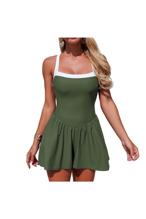 Women Summer Casual Swimdress Vacation Hot Spring Spaghetti Strap Ruffle Hem Bathing Suits Seaside Beach Slim Solid Color Swimsuits