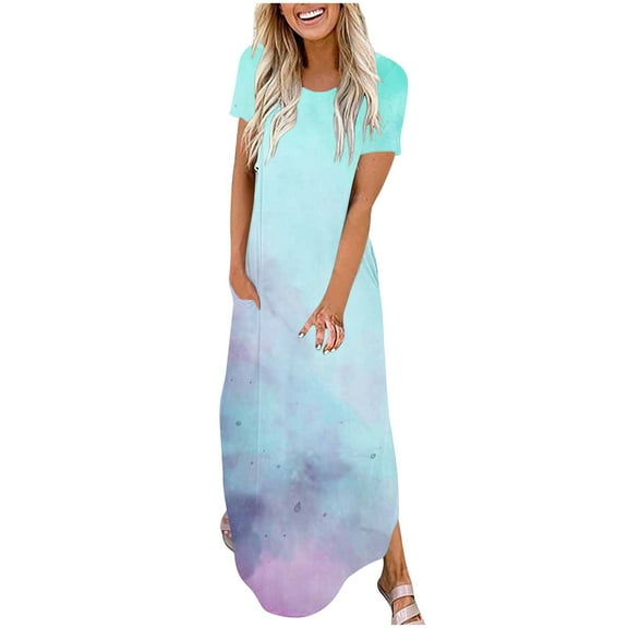 Women Summer Casual T-Shirt Dress Crewneck Sundress Aline Flowy Maxi Long Beach Dress Vacation Outfits Light Blue S