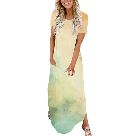 Women Summer Casual T-Shirt Dress Crewneck Sundress Aline Flowy Maxi Long Beach Dress Vacation Outfits Yellow S