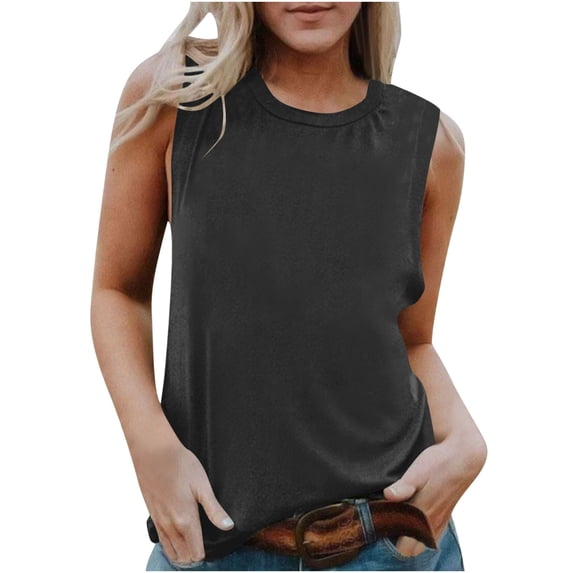 Women Summer Casual Tank Tops Athletic Loose Crewneck Solid Color Sleeveless Tshirts Trendy Comfy Stretch Soft Sports Camisole