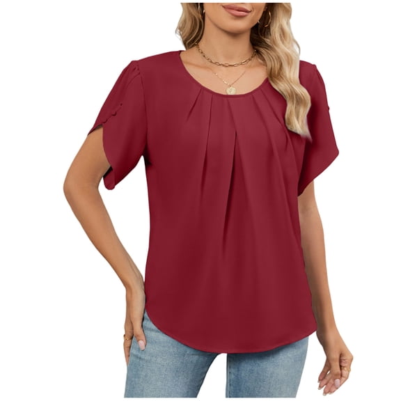 Women Summer Casual Tshirts Loose Pleated Short Sleeve Tees Trendy Elegant Crewneck Shirts Comfy Soft Solid Color Cool Tops
