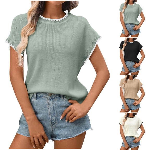 Women Summer Casual Tshirts Summer Ribbed Knit Crewneck Tees Loose Soft Short Sleeve Shirts Comfy Stretch Solid Color Spring Tops