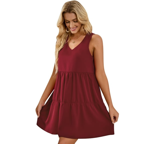 Women Summer Casual V Neck Dresses Beach Cover up Plain Tank Dress, Wine Red, S