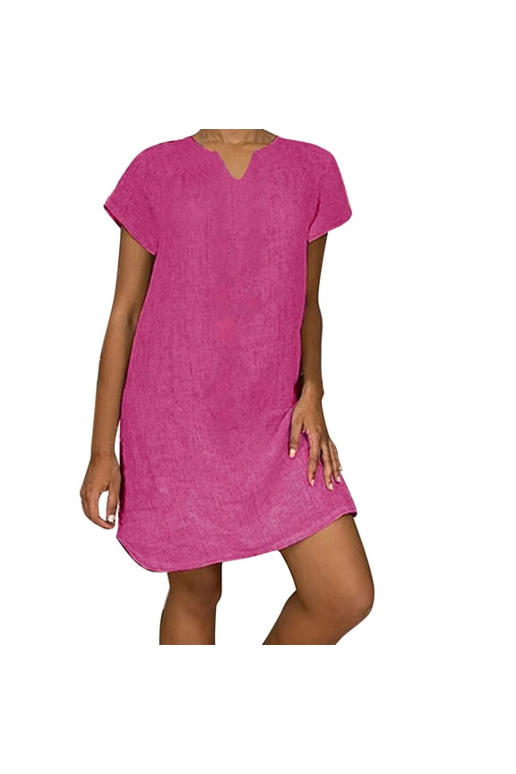 Women Summer Casual V Neck Short Sleeve Solid Flowy Dress Comfortable Stylish Everyday Wear Lightweight Breathable Fabric