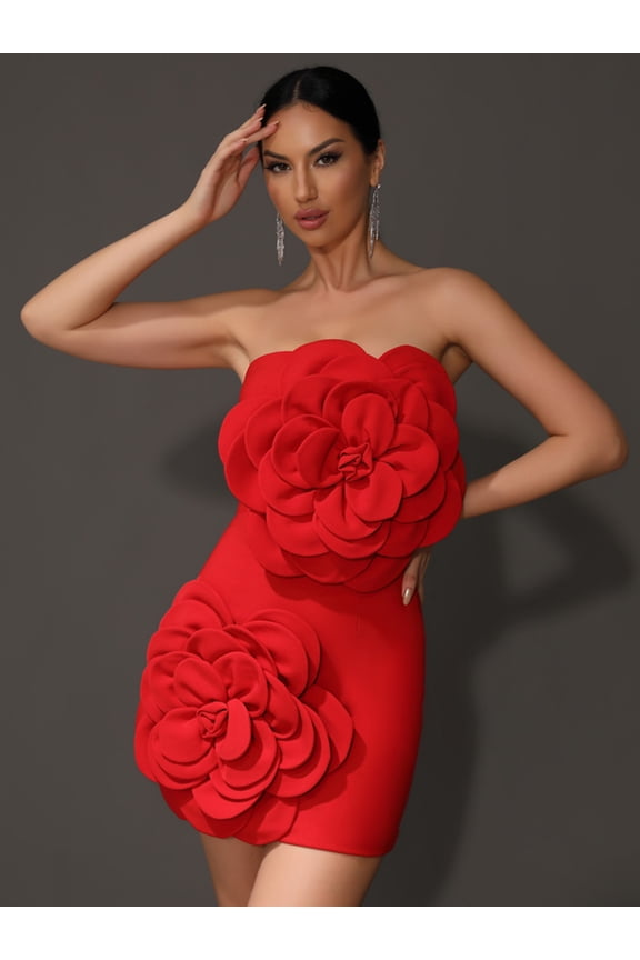 Women Summer Celebrity Sexy Strapless Backless Flower Red Mini Bodycon Dress 2024 Elegant Evening Club Party Outfit