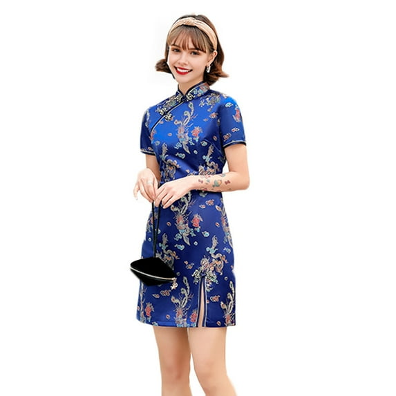 Women Summer Cheongsam Stand Collar Dragon Phoenix Print Split Hem Qipao Slim Fit Retro Chinese Style Above Knee Length Wedding Party Cocktail Dress