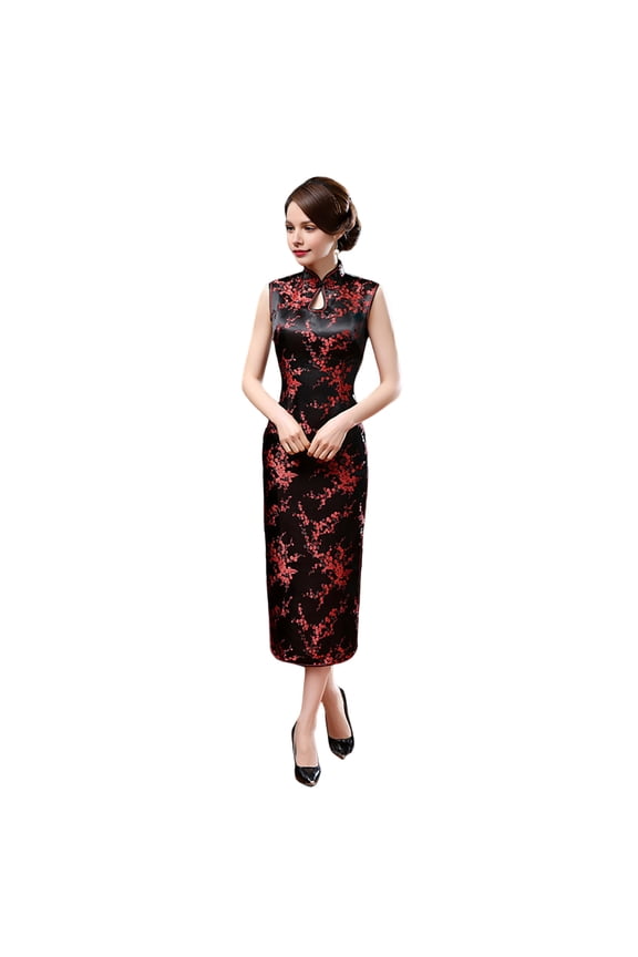 Women Summer Cheongsam Stand Collar Floral Print Hollow Out Split Hem Sleeveless Qipao Slim Fit Retro Chinese Style Mid-calf Length Wedding Party Cocktail Dress