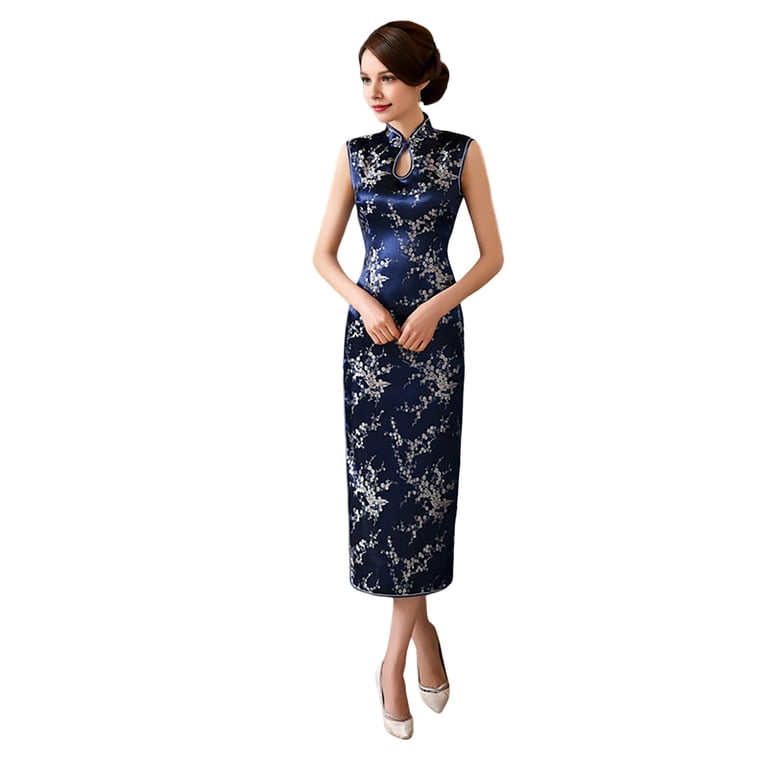 Women Summer Cheongsam Stand Collar Floral Print Hollow Out Split Hem  Sleeveless Qipao Slim Fit Retro Chinese Style Mid-calf Length Wedding Party Cocktail  Dress - Walmart.com