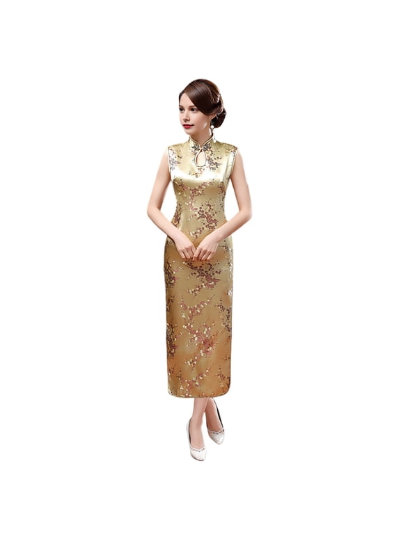 Women Summer Cheongsam Stand Collar Floral Print Hollow Out Split Hem Sleeveless Qipao Slim Fit Retro Chinese Style Mid-calf Length Wedding Party Cocktail Dress