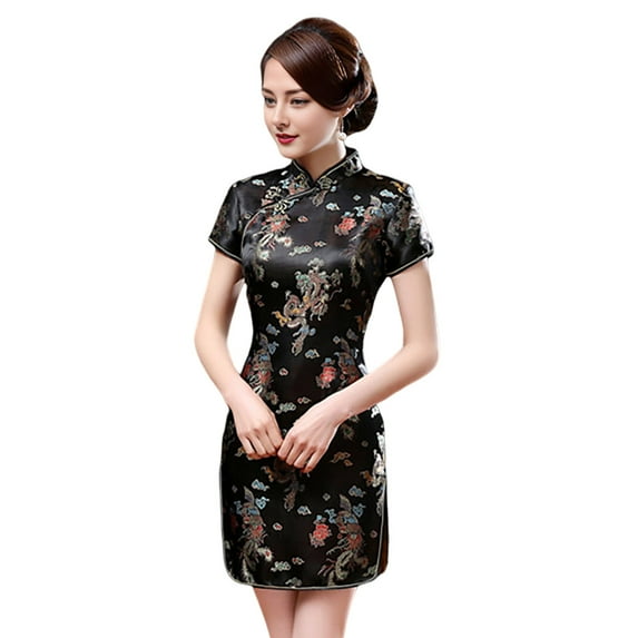 Women Summer Cheongsam Stand Collar Plum Blossom Print Short Sleeves Split Hem Qipao Slim Fit Retro Chinese Style Above Knee Length Wedding Party Cocktail Dress
