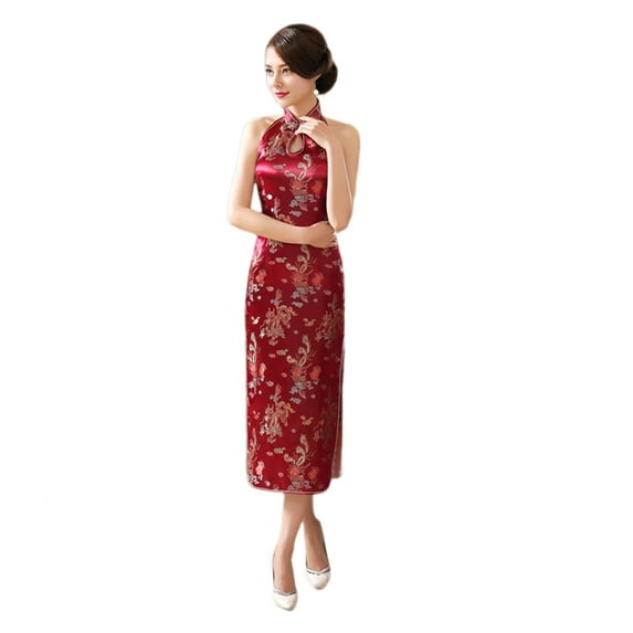 Women Summer Cheongsam Stand Collar Printing Off Shoulder Backless Split Hem Hollow Out Sleeveless Qipao Slim Fit Retro Chinese Style Banquet Party Cocktail Dress