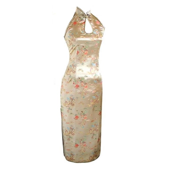 Women Summer Cheongsam Stand Collar Printing Off Shoulder Backless Split Hem Hollow Out Sleeveless Qipao Slim Fit Retro Chinese Style Banquet Party Cocktail Dress