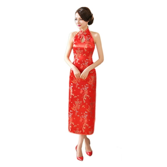 Women Summer Cheongsam Stand Collar Printing Off Shoulder Backless Split Hem Hollow Out Sleeveless Qipao Slim Fit Retro Chinese Style Banquet Party Cocktail Dress