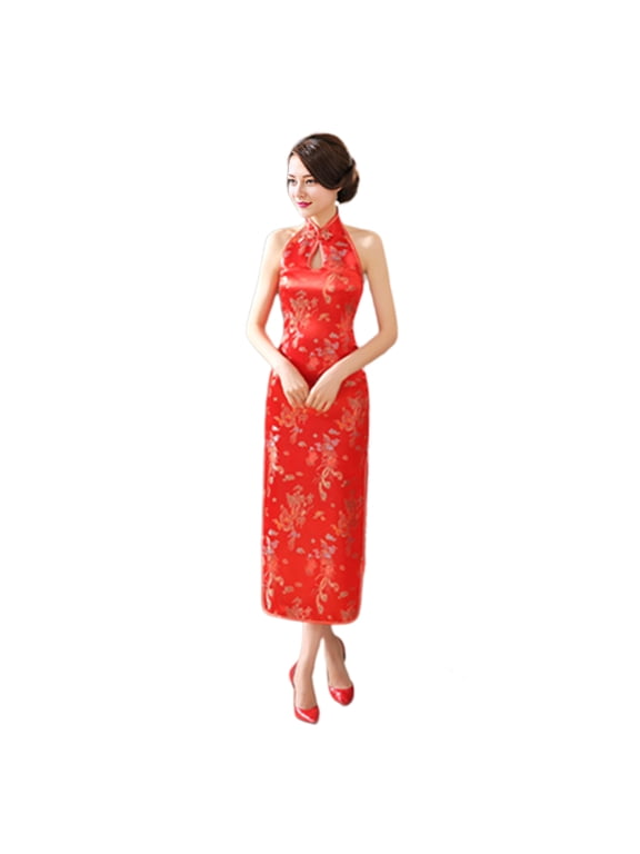 Women Summer Cheongsam Stand Collar Printing Off Shoulder Backless Split Hem Hollow Out Sleeveless Qipao Slim Fit Retro Chinese Style Banquet Party Cocktail Dress