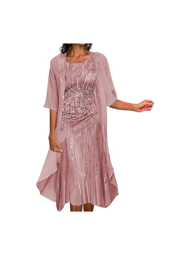 Women Summer Chiffon Dress & Cardigan Two Piece Set Women's Summer Temperament Gentle Print Half Sleeve Round Neck Chiffon Dress Set Pink XXXL