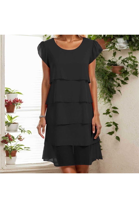 Women Summer Chiffon Dress Round Neck Elegant Evening Dresses Flowers Print Short Sleeve Ruffles Lightweight And Breathable Mini Dress Casual Short Tunic Dresses for Women Comfy Dresses Neck Maxi