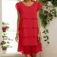 thumbnail image 1 of Women Summer Chiffon Dress Round Neck Evening Dresses Short Sleeve Layers Ruffles Midi Dress (Red S), 1 of 4