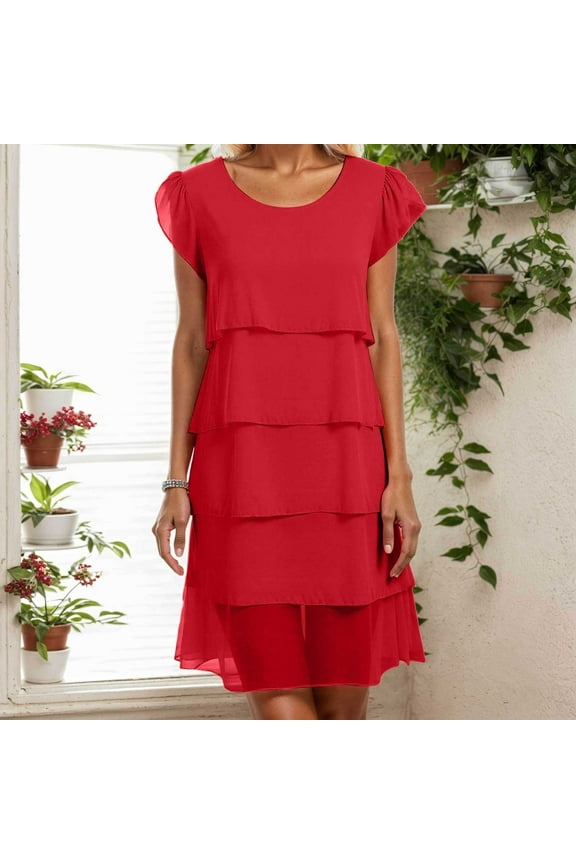 Women Summer Chiffon Dress Round Neck Evening Dresses Short Sleeve Layers Ruffles Midi Dress (Red XXXXXS)