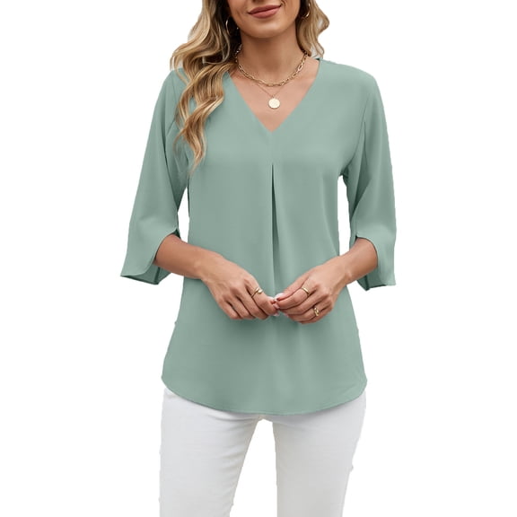 Women Summer Chiffon Shirts Business Pleated V Neck Half Sleeve Tshirts Work Office Casual Loose Comfy Soft Solid Color Tops
